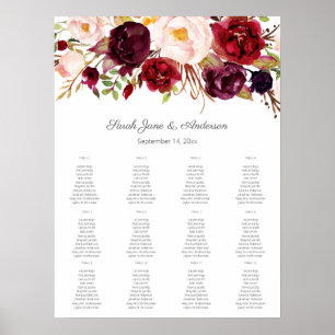 Burgundy Blommigt, sittdiagram 12 Vit Poster