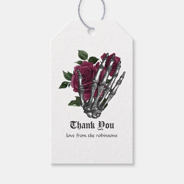 Burgundy Blommigt Skeleton Hand Gothic Bröllop Presentetikett (Framsidan)