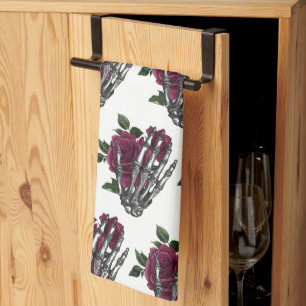 Burgundy Blommigt Skeleton Hand Gothic Kökshandduk