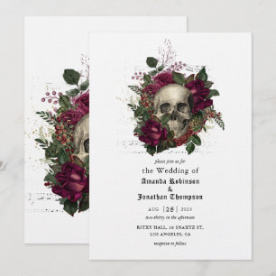 Burgundy Blommigt Skull Halloween Gothic Bröllop I Inbjudningar