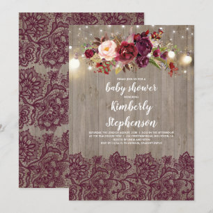 Burgundy Blommigt Snöre Rustic Baby Shower Inbjudningar