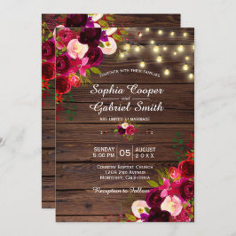 Burgundy-Blommigt | String Ljus Wood Bröllop Inbjudningar