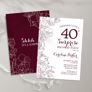 Burgundy Blommigt Surprise 40:e födelsedagen Party Inbjudningar