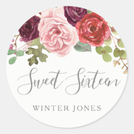 Burgundy Blommigt Sweet 16 Favor Seal Runt Klistermärke