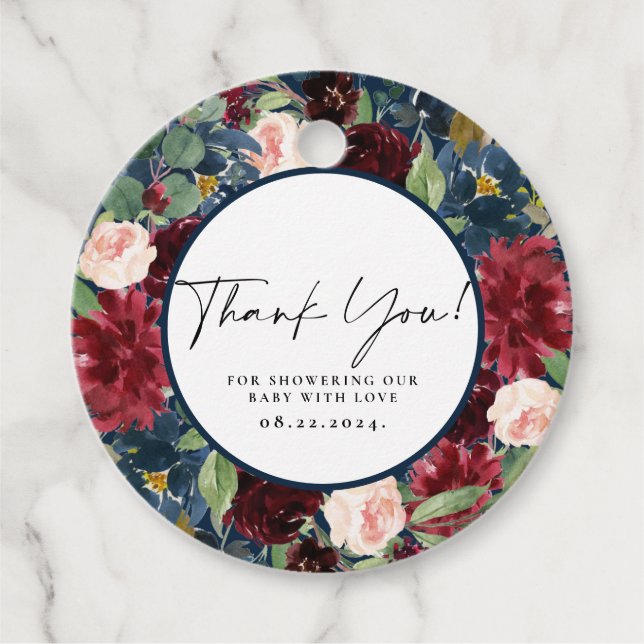 Burgundy Blommigt Tack Baby Shower Gift-Märkre Gåvor Etiketter (Framsida)