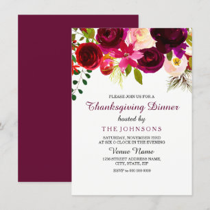 Burgundy Blommigt Thanksgiving Middag Party Inbjud Inbjudningar