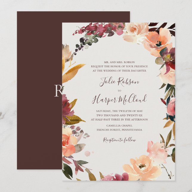 Burgundy Blommigt Utandning | Beige Traditional Br Inbjudningar (Fram/baksida)