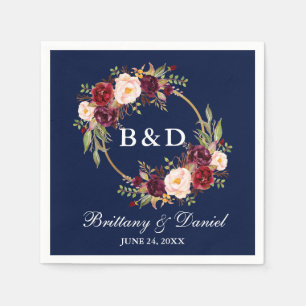 Burgundy Blommigt Utandning Monogram Blue Bröllop Pappersservett