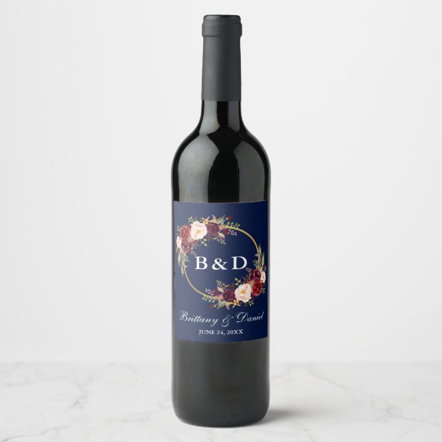 Burgundy Blommigt Utandning Monogram Blue Bröllop Vinflaska Etikett (Framsida)
