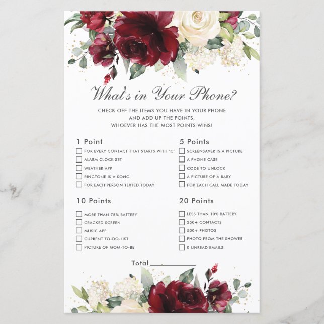 Burgundy-Blommigt - vad är i din Mobila speldusch? (Framsida)