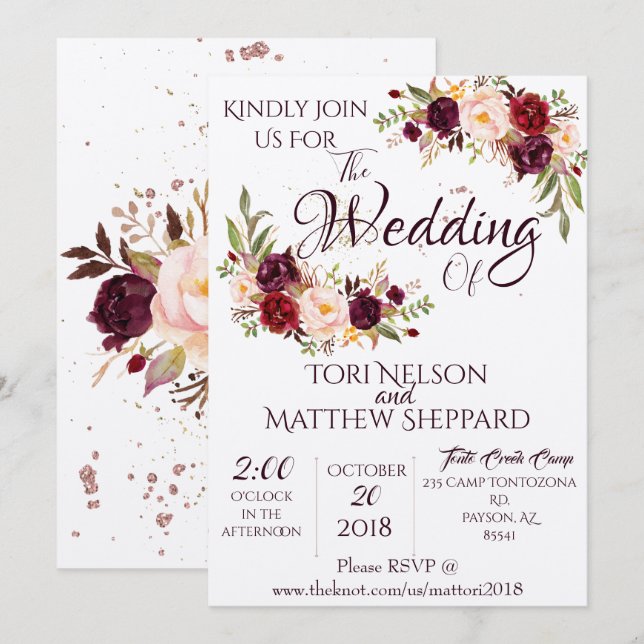 Burgundy Blommigt Vatten Paint - Enkel Linjer-stän Inbjudningar (Fram/baksida)