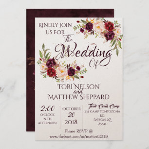 Burgundy Blommigt Vatten Paint - enkelt Linjer Inbjudningar