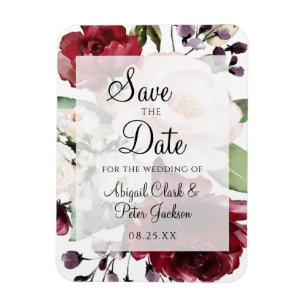 Burgundy Blommigt Vellum Watercolor Spara datum Magnet