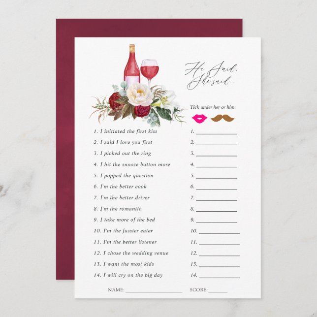 Burgundy Blommigt Vin Tasting Möhippa Game Inbjudningar (Fram/baksida)