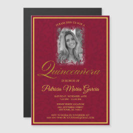 Burgundy blommigt vines fotoquinceanera magnetisk inbjudningskort