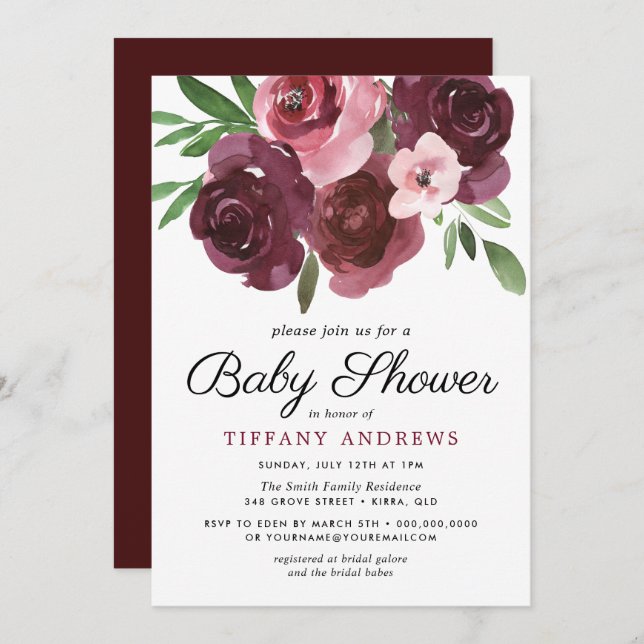 Burgundy Blommigt Watercolor Baby Shower Inbjudan (Fram/baksida)