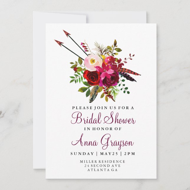 Burgundy Blommigt Watercolor Bridalduschinbjudan Inbjudningar (Framsida)