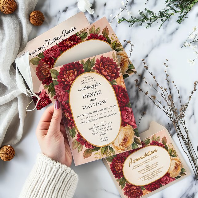  Burgundy Blommigt Watercolor Bröllop Inbjudningar (Skapare uppladdad)