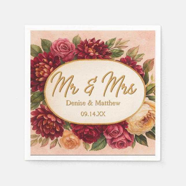  Burgundy Blommigt Watercolor Bröllop Pappersservett (Framsidan)