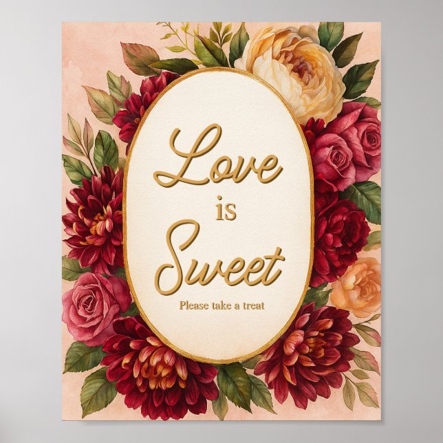  Burgundy Blommigt Watercolor Bröllop Poster (Framsidan)