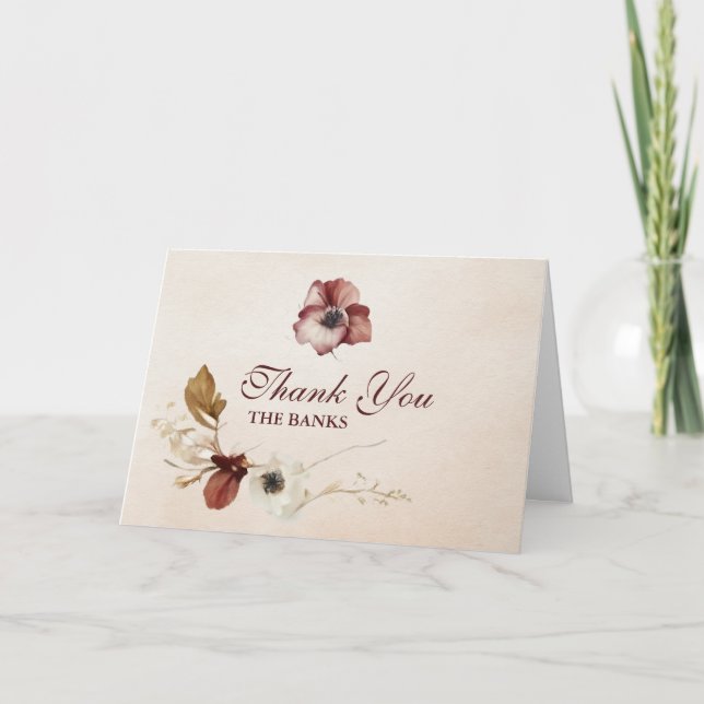  Burgundy Blommigt Watercolor Bröllop Tack Kort (Framsida)