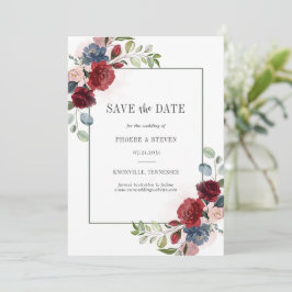 Burgundy Blommigt Watercolor Dusty Blue Rustic Spara Datumet