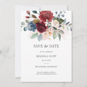 Burgundy Blommigt Watercolor Dusty Blue Rustic Spara Datumet