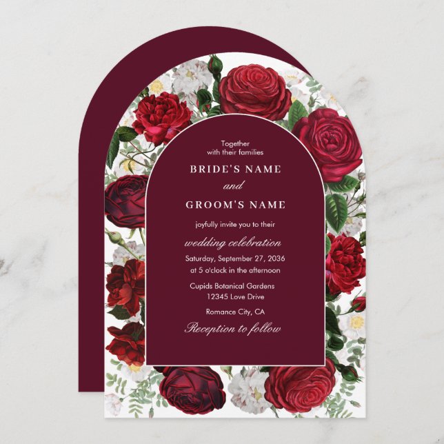 Burgundy Blommigt Watercolor Elegant bröllop Arch Inbjudningar (Fram/baksida)
