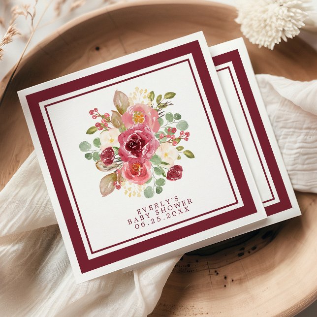 Burgundy Blommigt Watercolor Flowers Baby Shower Pappersservett (Skapare uppladdad)