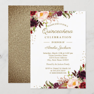 Burgundy Blommigt Watercolor Guld Quinceanera Inbj Inbjudningar