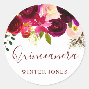 Burgundy Blommigt Watercolor Quinceanera Party-för Runt Klistermärke