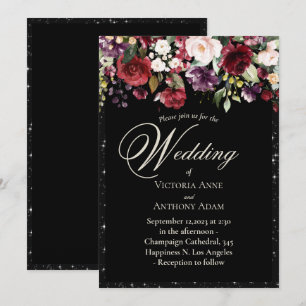 Burgundy Blommigt Watercolor Rustic Black Bröllop Inbjudningar