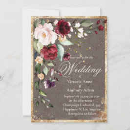 Burgundy Blommigt Watercolor Rustic Bröllop Inbjudningar