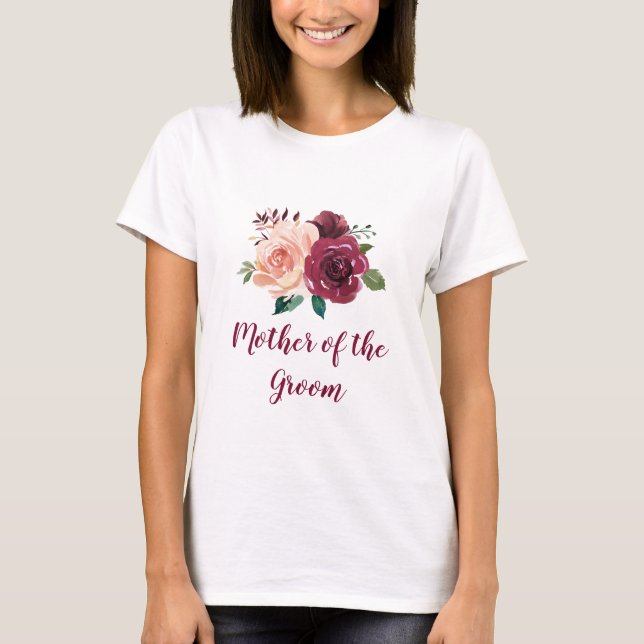  Burgundy-Blommigten Mor i Groom Bröllop T Shirt (Framsida)