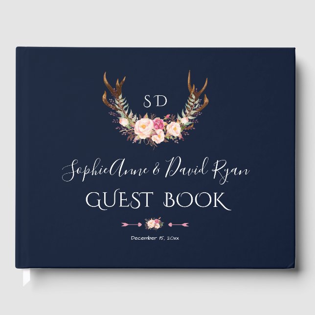 Burgundy  Blommigten Ram Mörk blått Bröllop Gästböcker (Framsida)