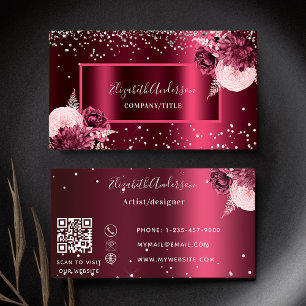Burgundy blommigts elegant QR-kod Visitkort