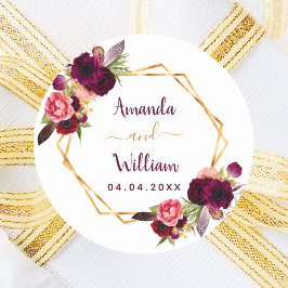 Burgundy blommigts geometric bröllop boho runt klistermärke