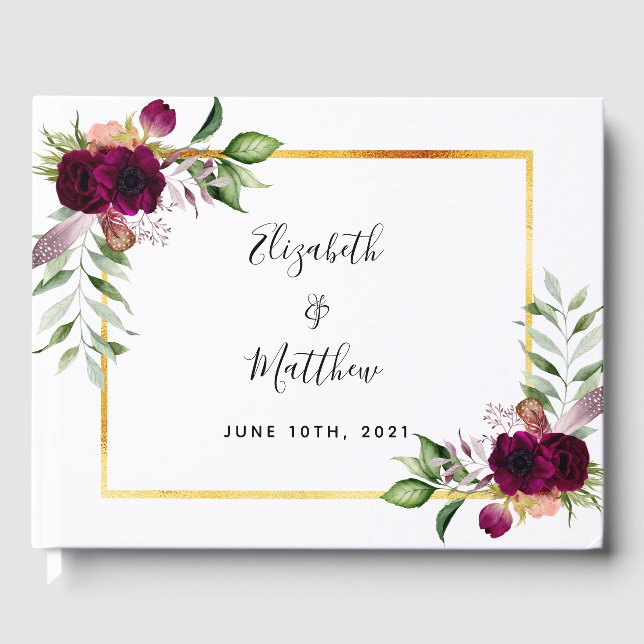 Burgundy blommigts greenery sage grönt bröllop gästböcker (Framsida)