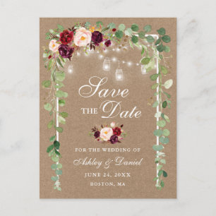 Burgundy Blommor Botanisk Save The Date Kraft Meddelande Vykort