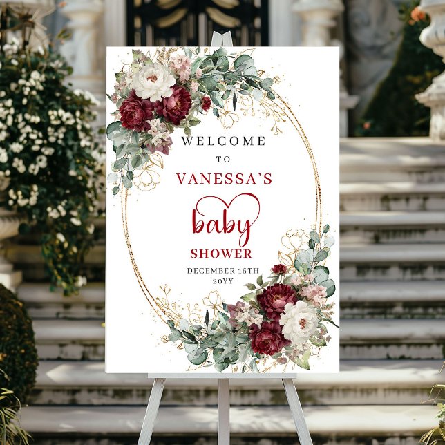 Burgundy Blommor Eukalyptus Baby Shower Välkommen Poster (Burgundy Flowers Eucalyptus Baby Shower Welcome)