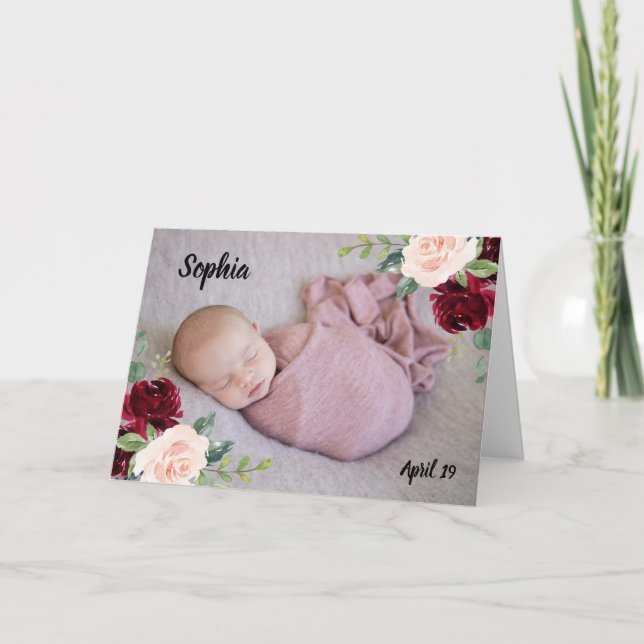 Burgundy  blommor Flicka-pojken Foto Newborn Kort (Framsida)