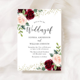 Burgundy &  blommor Glitter Bröllop Inbjudningar