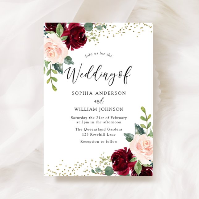 Burgundy &  blommor Glitter Bröllop Inbjudningar (Skapare uppladdad)