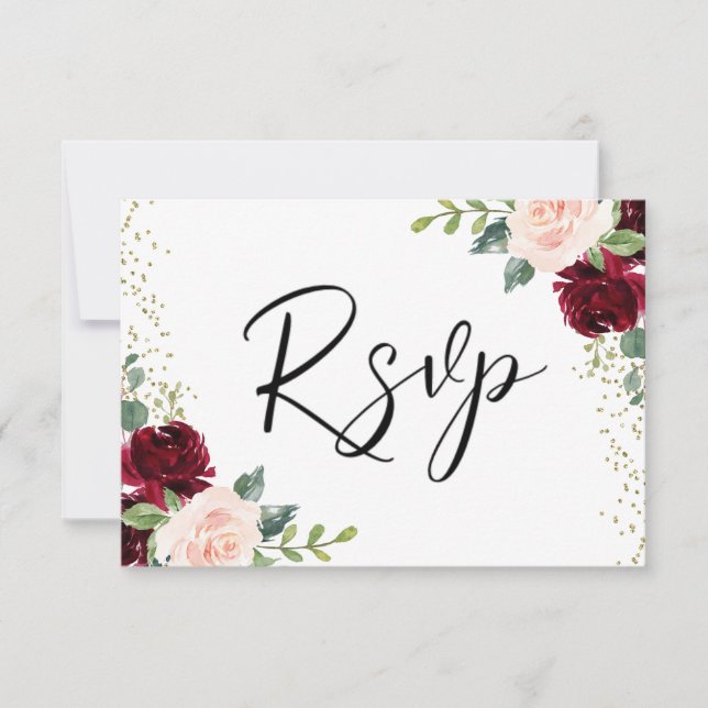 Burgundy &  blommor Glitter Bröllop OSA Kort (Framsida)