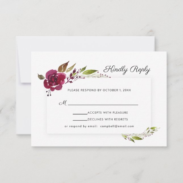 Burgundy Blommor Grönska Bröllop RSVP OSA Kort (Framsida)