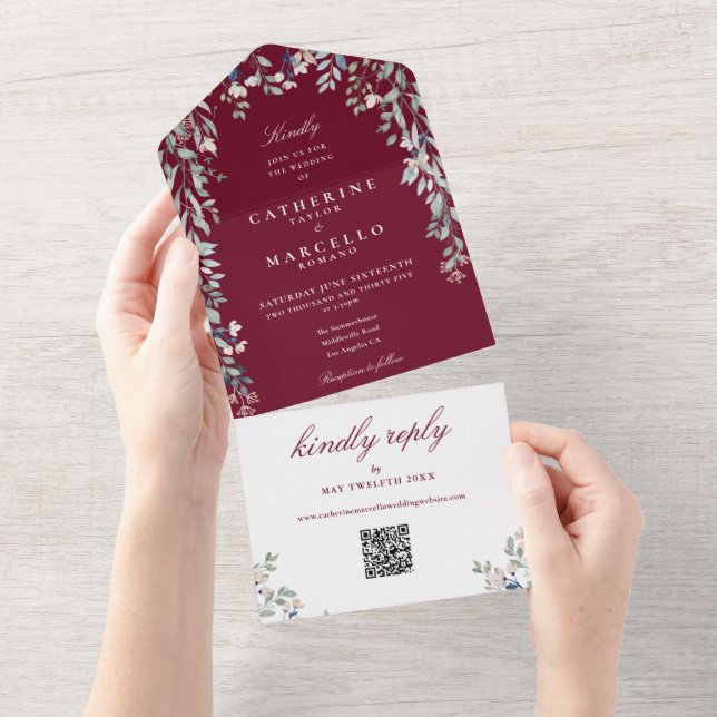 Burgundy Blommor Grönska QR-kod Bröllop (Avrivbar del)