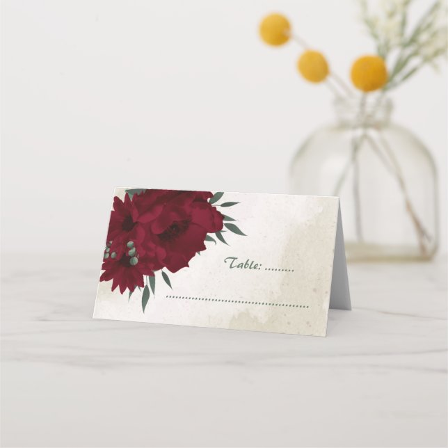 Burgundy-blommor, grönt platskort placeringskort (Framsida)