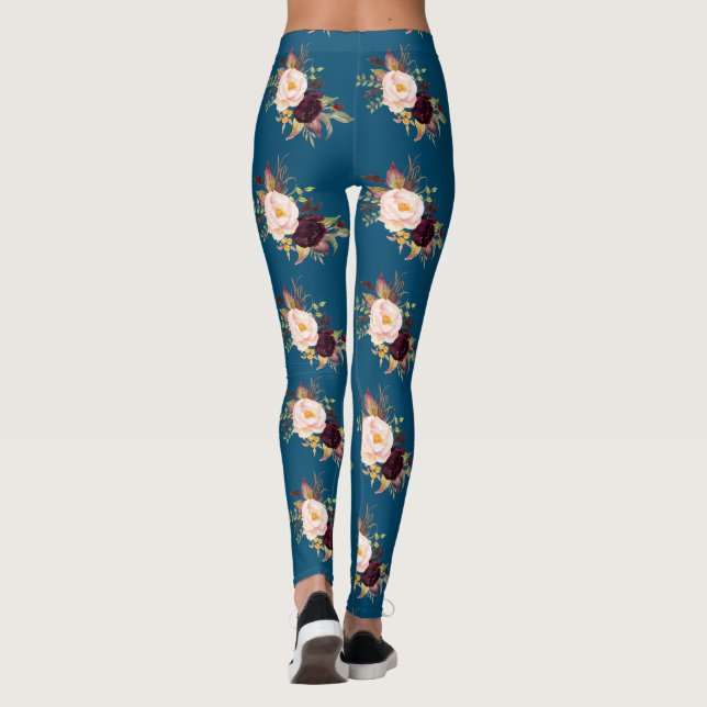 Burgundy  blommor Ocean Blue Mönster Leggings (Baksida)
