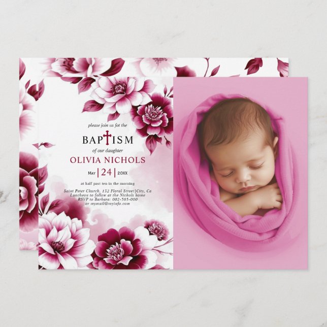 Burgundy-blommor och vattenfärgsflicka Baptism-fot Inbjudningar (Fram/baksida)