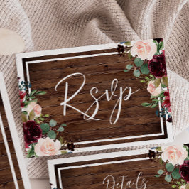 Burgundy & blommor Rustic Wood Bröllop OSA Kort